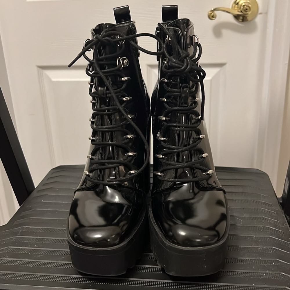 Zara Platform High Stacked Heel Lace-Up Booties Black "Patent" size 39